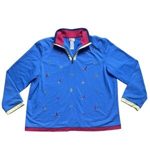 Koret Petite XL Blue Nautical Pullover Sweatshirt Zip Collar Embroidered Boats